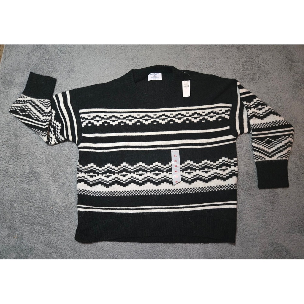 Old Navy Sweater Mens XL Black White Fair Isle Crew Neck Knit Pullover EUC